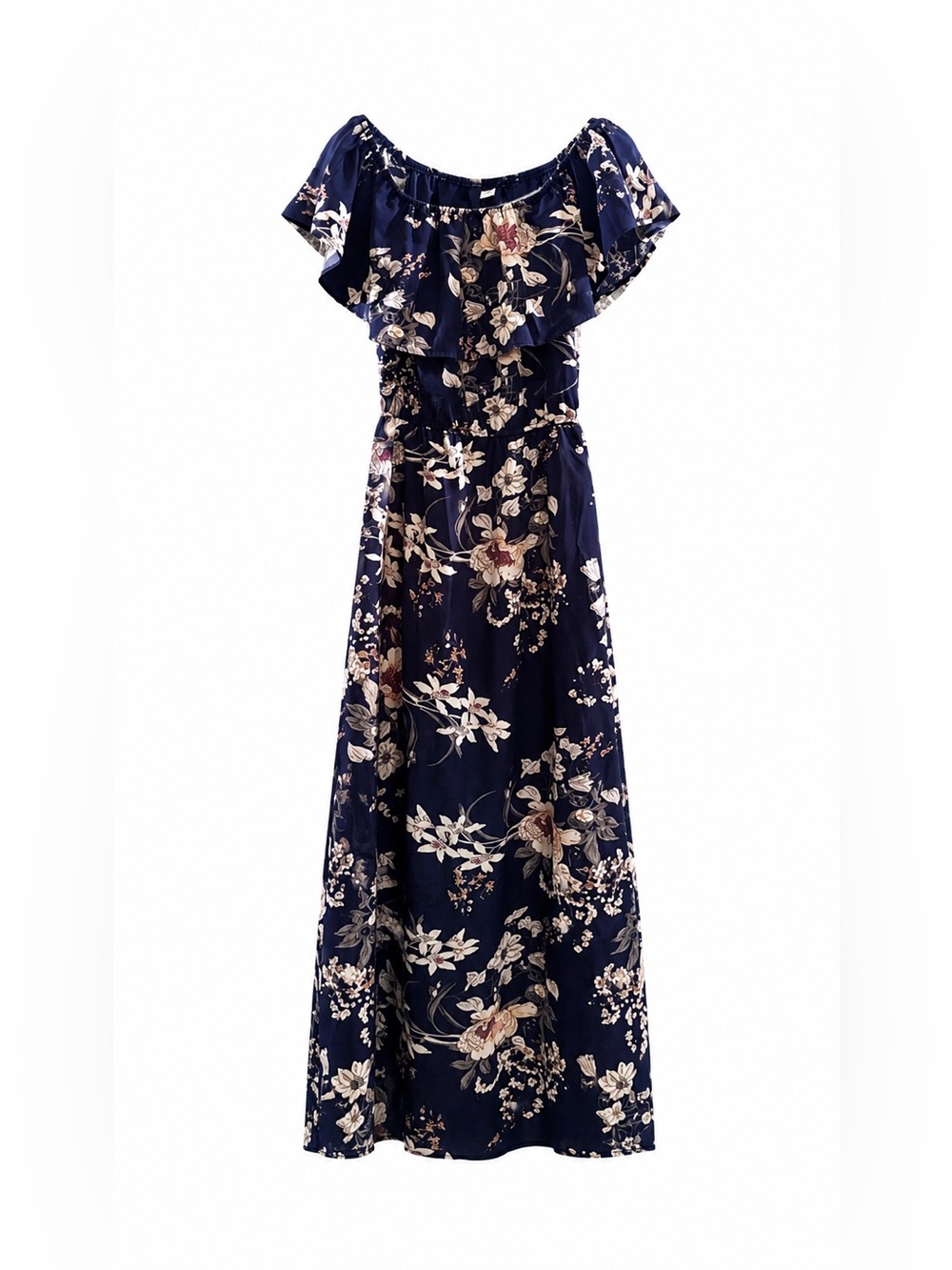 MOM Navy Floral Off-Shoulder Maxi Dress with Cream & Pink Accents